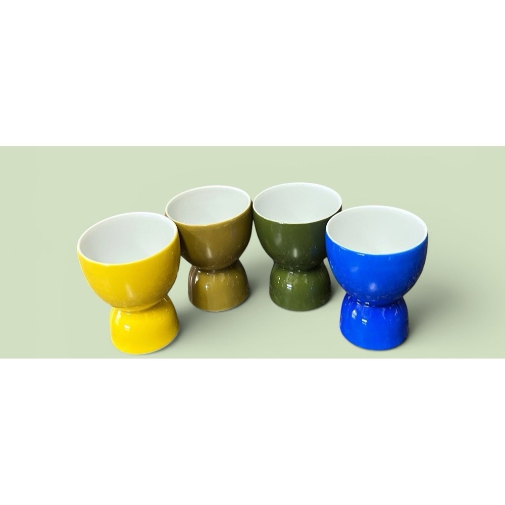 4 Double Egg Cups Multicolor Vintage Yellow Blue Green Olive MCM Retro Kitchen